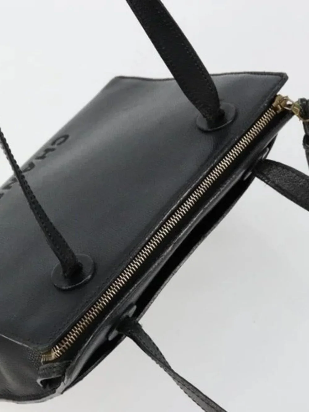 CHANEL Tote Bag Grained Calf Skin Black Gold CC Auth 178022